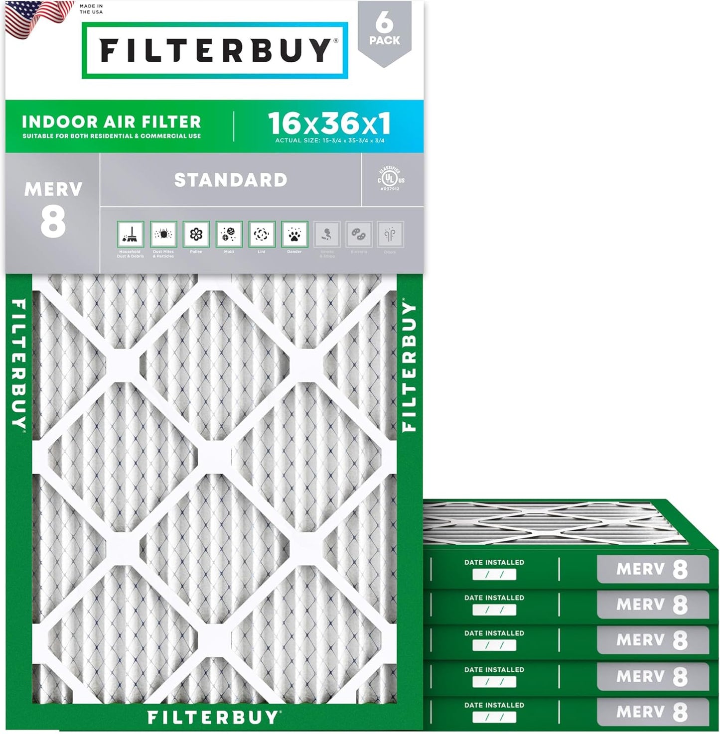 Filterbuy 16x36x1 Air Filter MERV 8 for Dust and Allergies