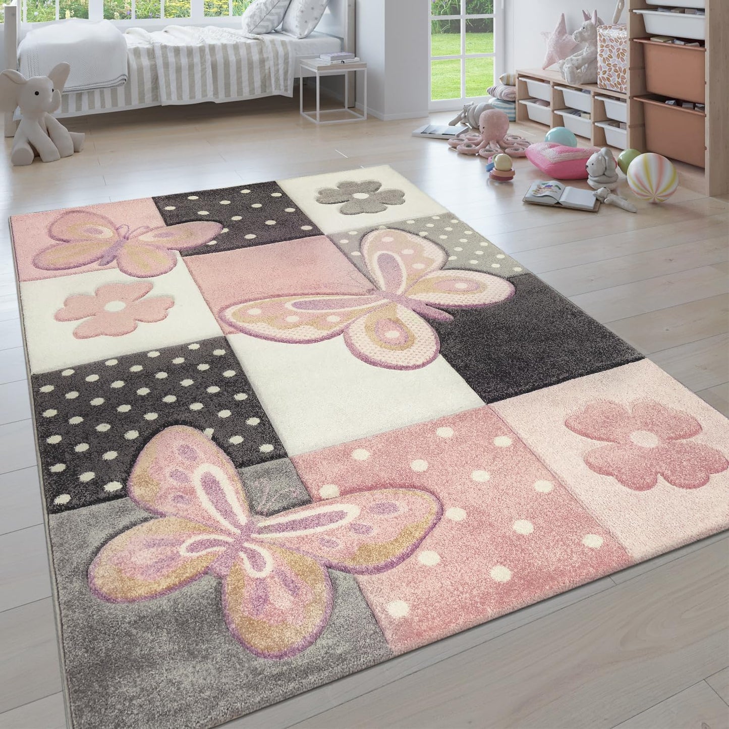 Kids Room Rug Pastel Colors Butterflies Check Pattern Spots Flowers