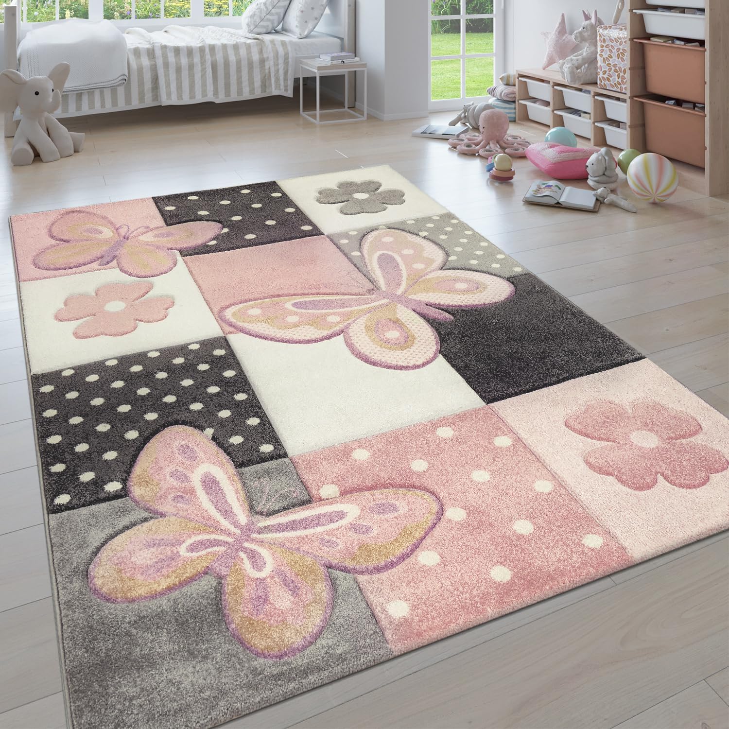 Kids Room Rug Pastel Colors Butterflies Check Pattern Spots Flowers