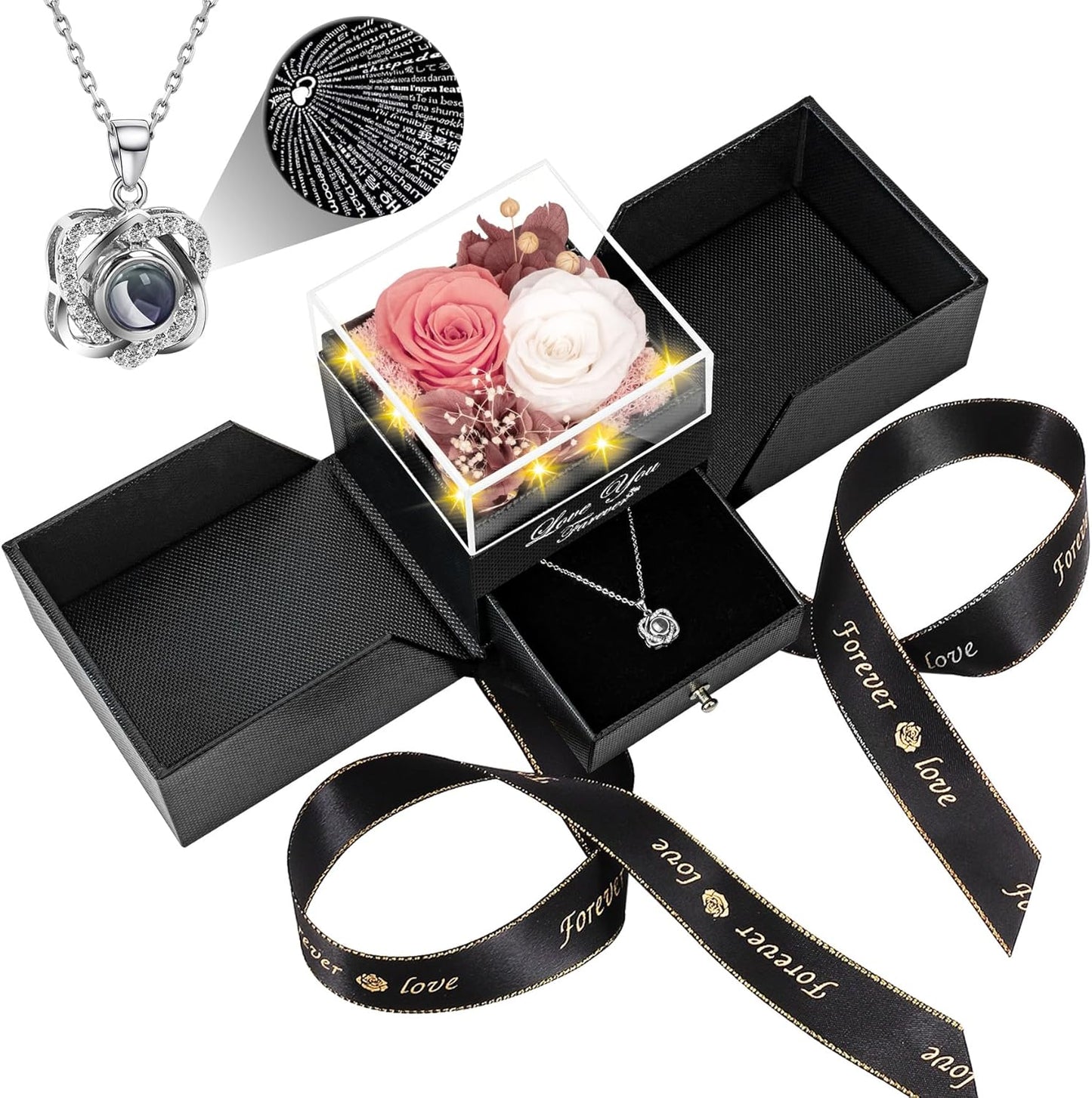 2 Preserved Real Roses with Heart Necklace for Her Gifts
