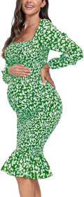 Spring Long Puff Sleeve Maternity Dress for Women - Floral Midi Fit