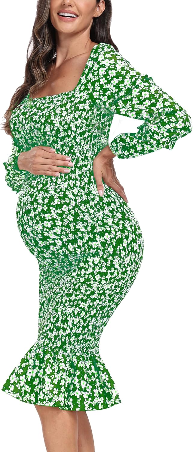 Spring Long Puff Sleeve Maternity Dress for Baby Showers