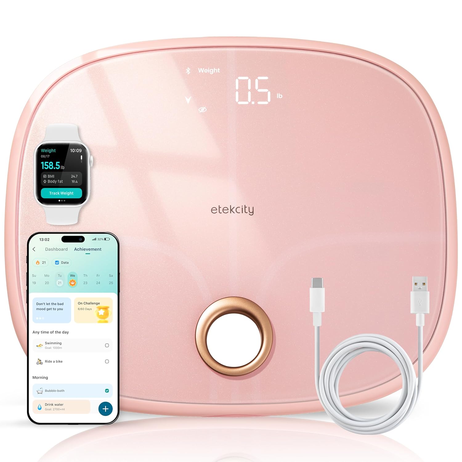 Etekcity Rechargeable Pink Smart Scale for Body Weight and More