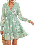 Women's Floral Chiffon Long Sleeve Mini Dress - Flowy Wrap Tie Back