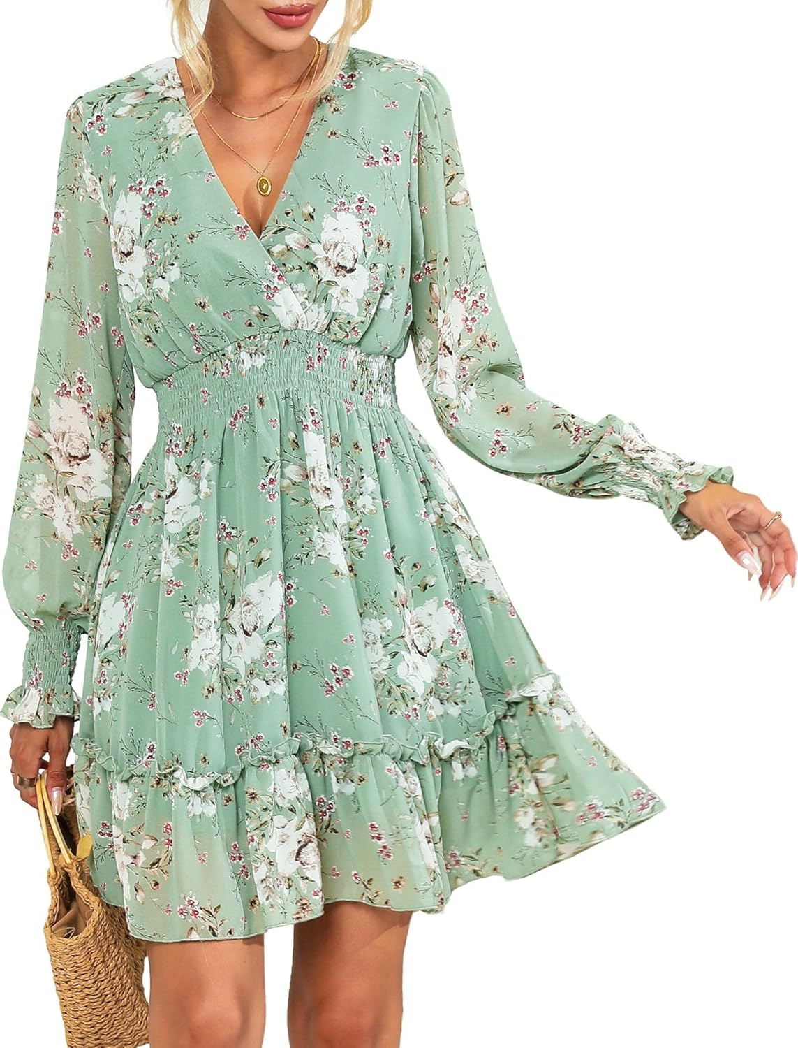 Floral Chiffon Long Sleeve Mini Dress for Women by Prettywear