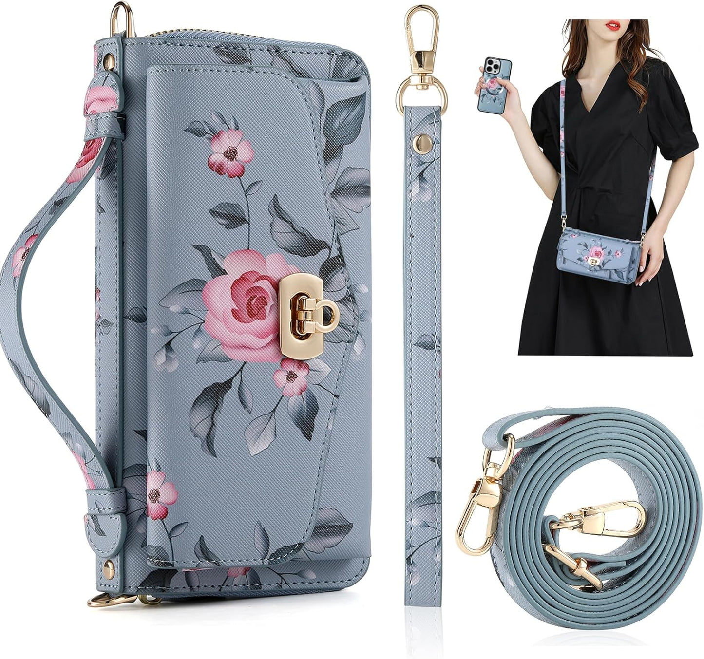 Crossbody Wallet Case for iPhone 15 Pro Max with RFID Blocking