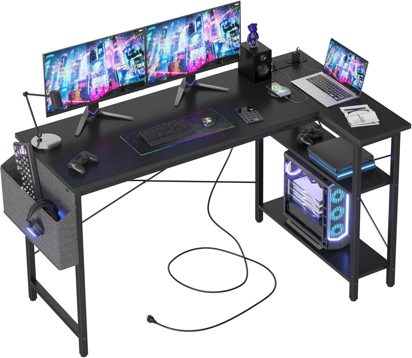 L Shaped Computer Desk with Power Outlets for Small Spaces