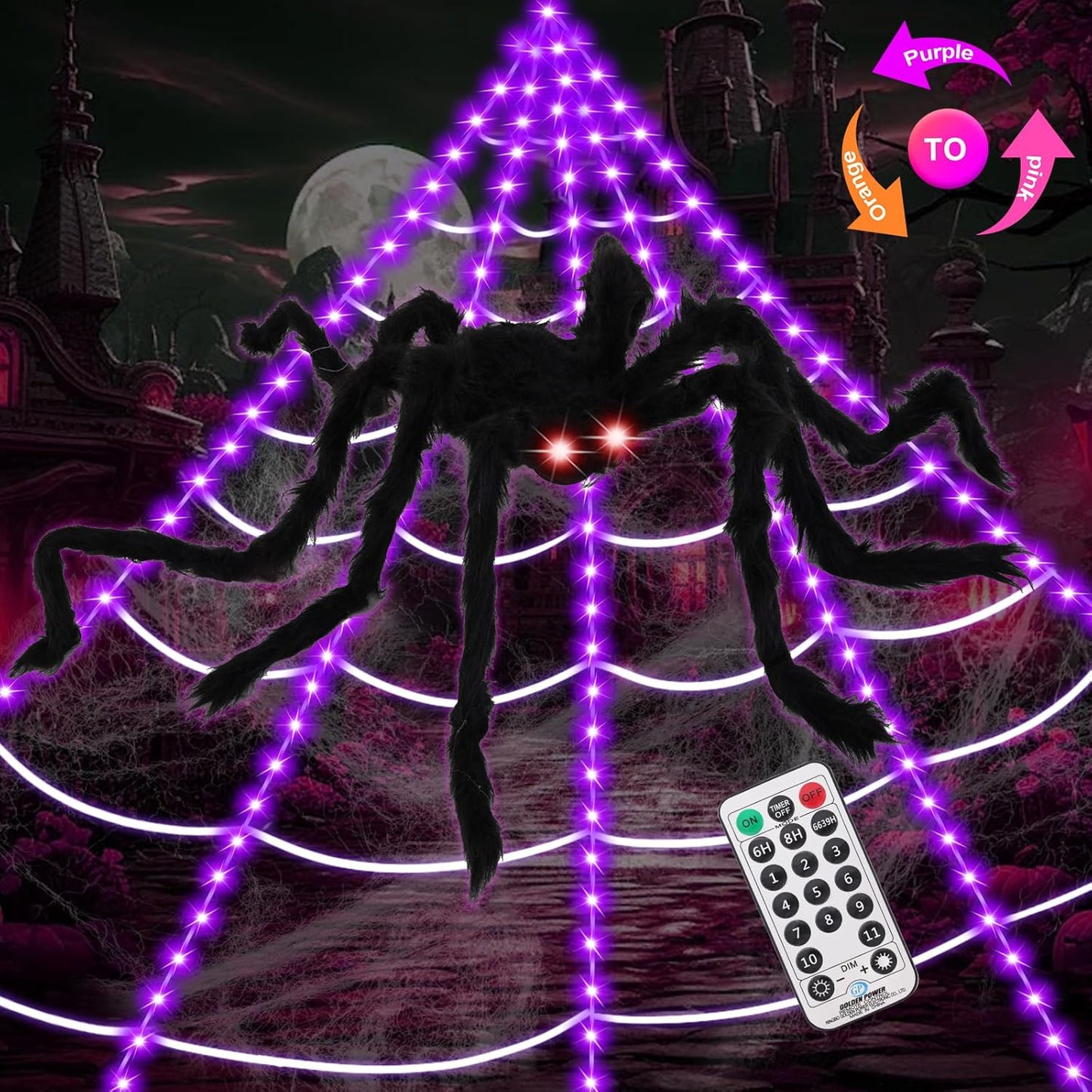 Upgrade 200 LED Halloween Decorations with Remote Control & Spider