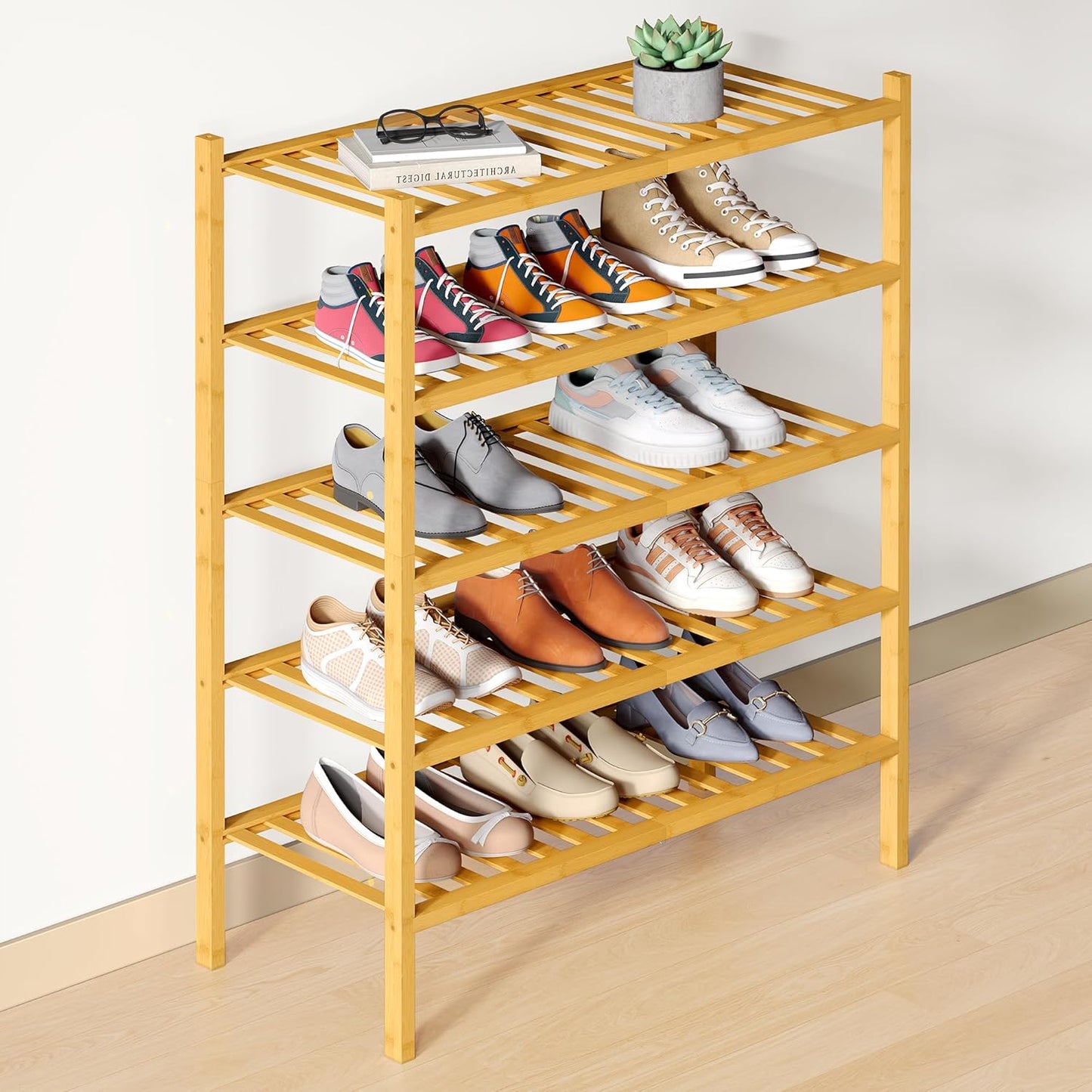 Smiry Bamboo Shoe Rack - 5 Tier Wooden Stackable Organizer