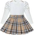 Toddler Girls Puff Sleeve Top and Khaki Plaid Skirt Set - 2PC Fall