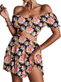 LYANER Women's 2 Piece Floral Off Shoulder Tie Up Crop