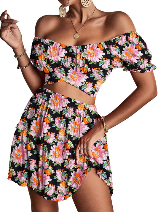 LYANER Women's Floral Off Shoulder Crop Top and Mini Skirt Set