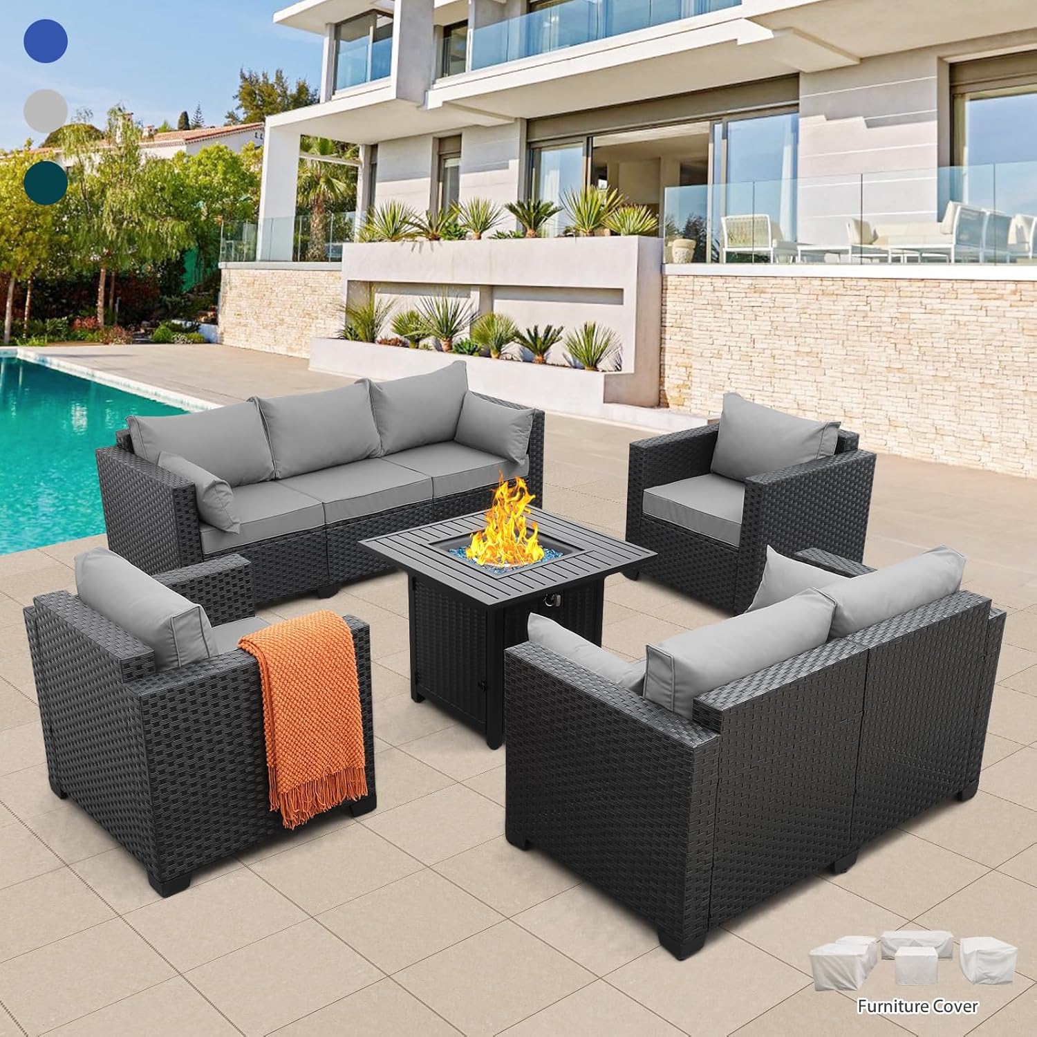 Patio Furniture Sectional Sofa Set with 50000 BTU Fire Pit