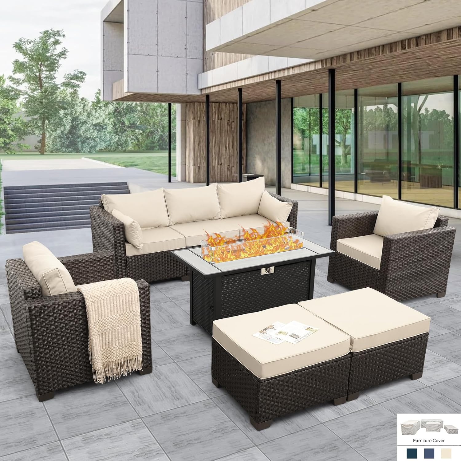 Patio Furniture Set 6-Piece Outdoor Wicker Sofa with Fire Pit