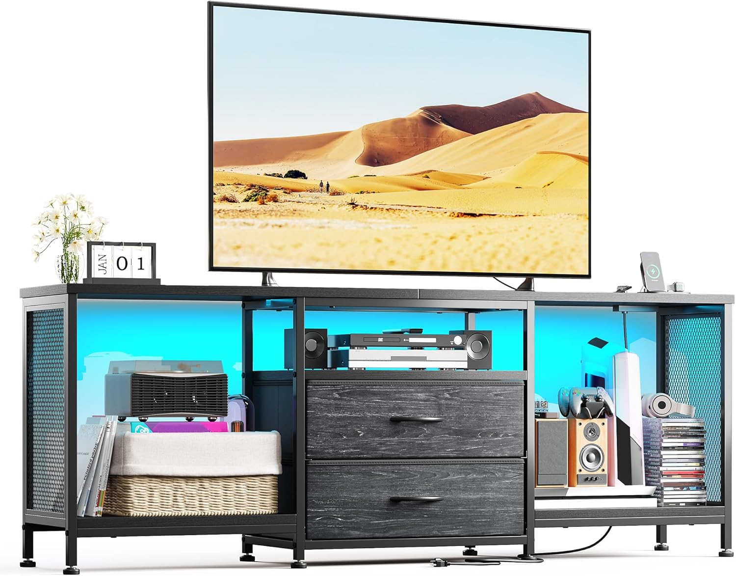 Modern TV Stand with LED Lights, Power Outlets & Storage Drawers | EnHomee