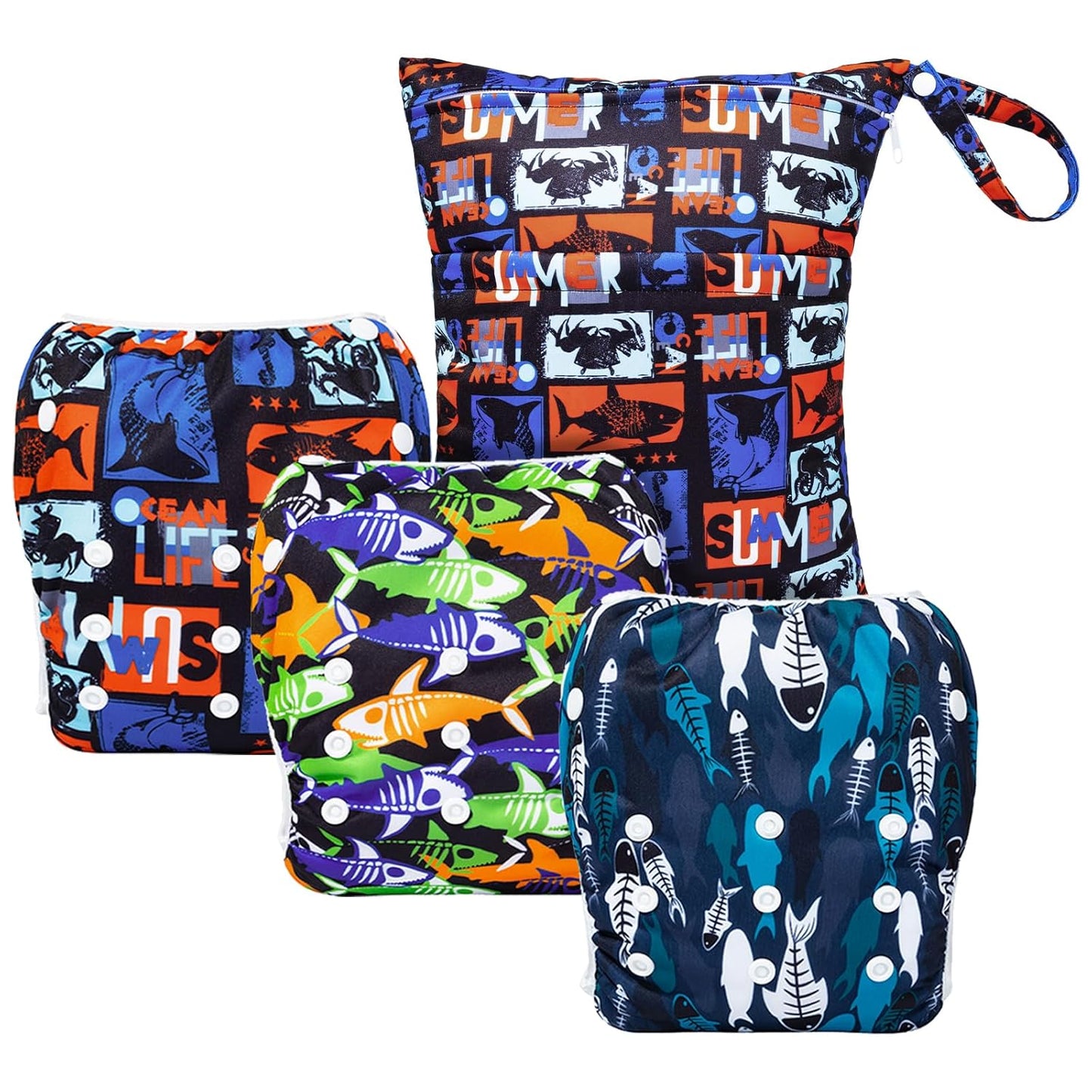 ALVABABY 3pc Large Swim Diapers Set + Wet Bag - Reusable & Adjustable for Splashing Fun!