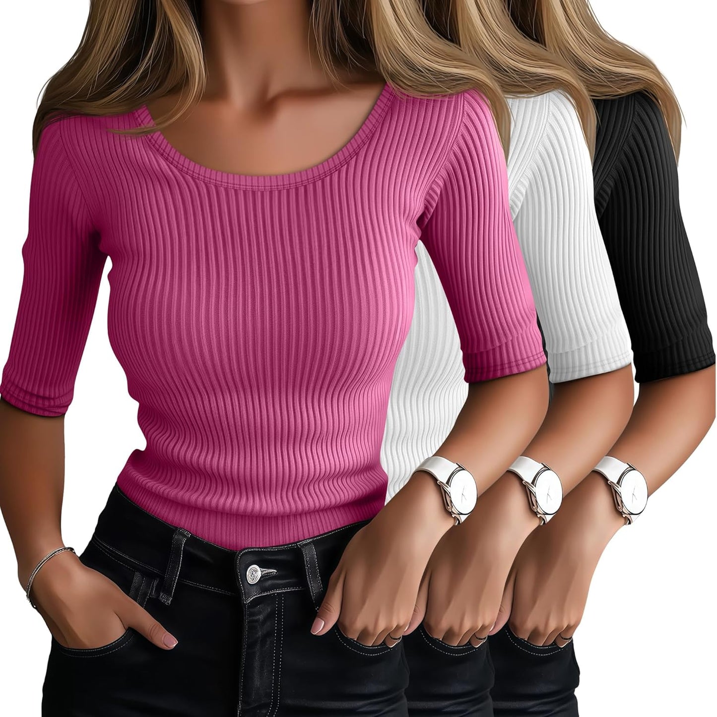 Ficerd 3 Pack Elbow Length Shirts for Women Half Sleeve Tops