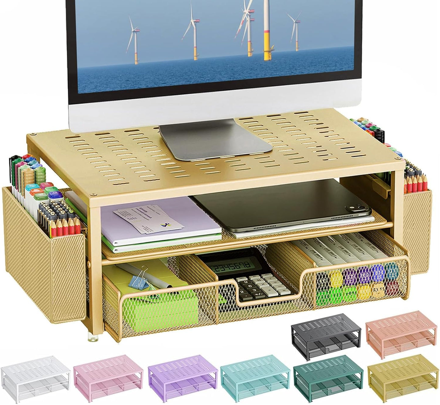Gianotter Desk Organizers with Monitor Stand and Drawer in Gold