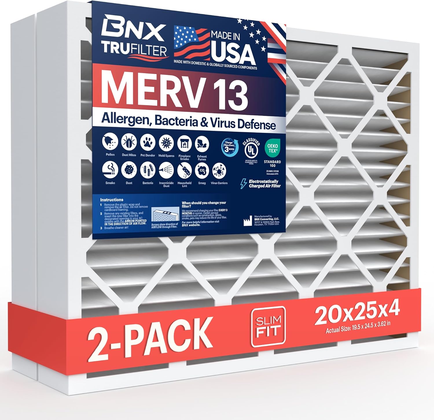 BNX TruFilter 20x25x4 (2-Pack) MERV 13 - USA-Made Air Filters for Healthier Air