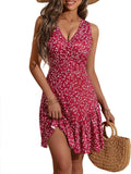 Women's Summer Sleeveless Wrap V Neck Floral Sundress - Ruffle Hem