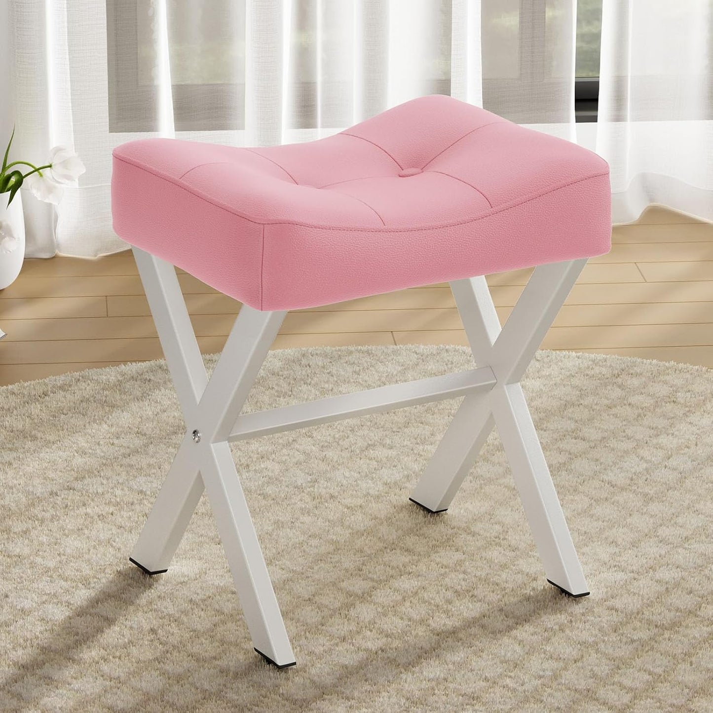 18-Inch Leather Vanity Stool Chair with Metal X-Leg Design