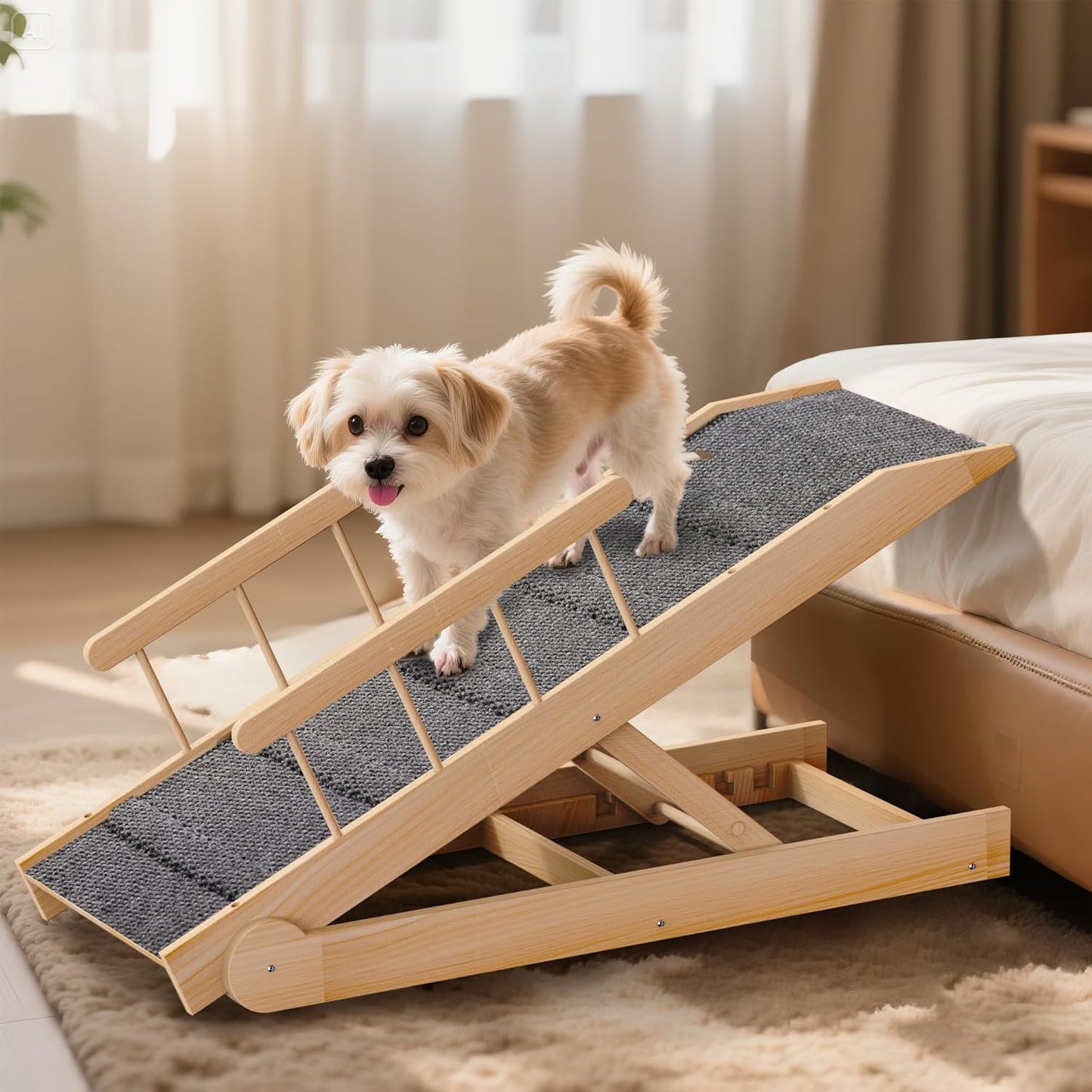 Dog Ramp for Bed - Adjustable Non-Slip Wooden Pet Ramp