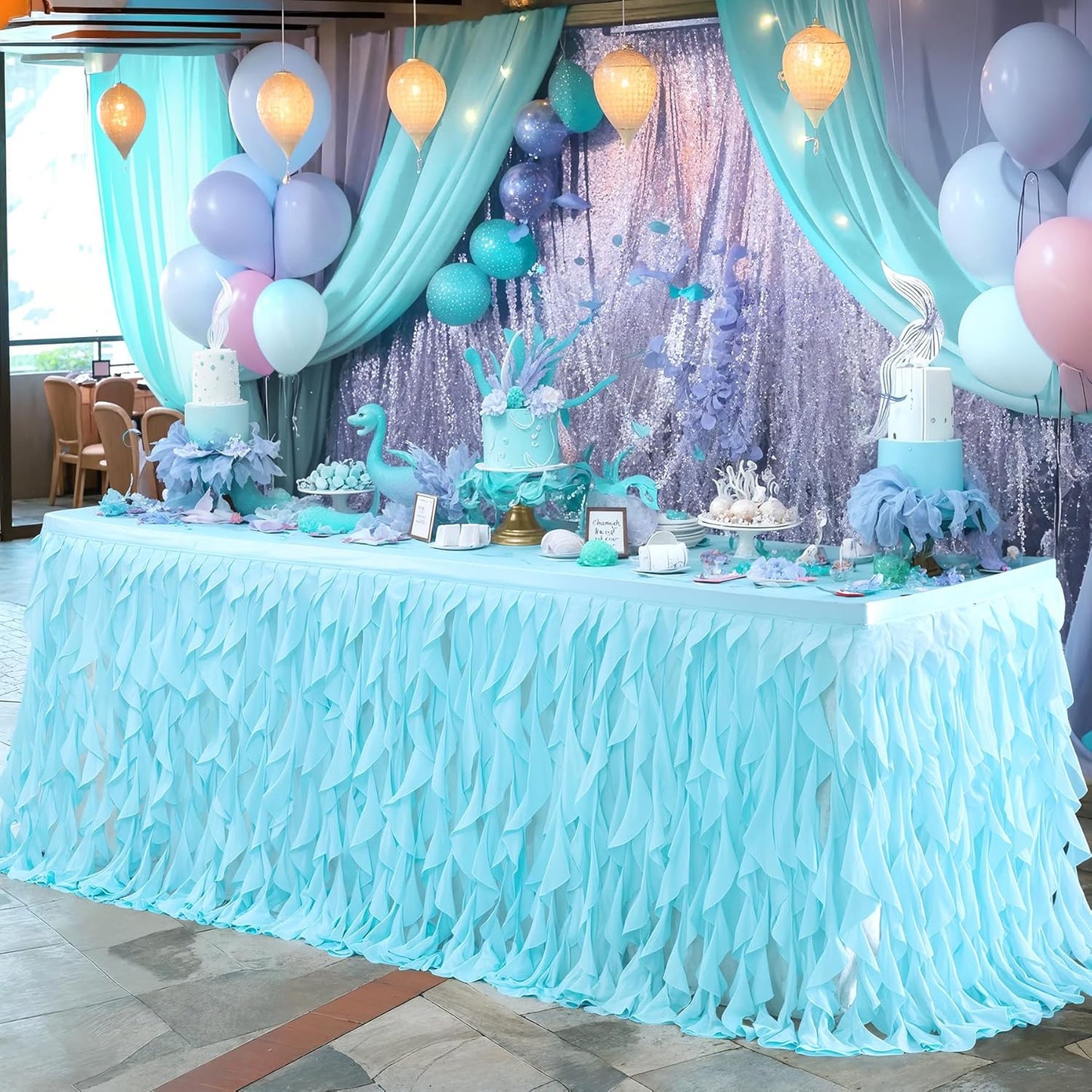 Aqua Blue Tulle Curly Willow Table Skirt for Special Events