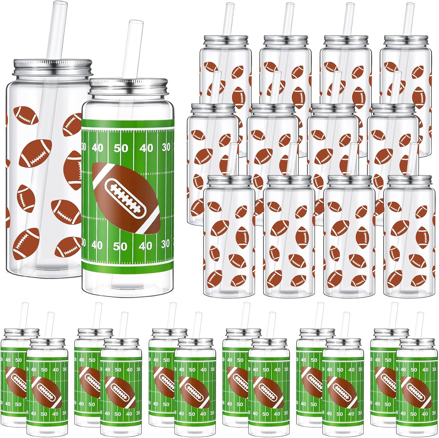 Maxdot 24 Pack Football Plastic Cups with Lid and Straw Set