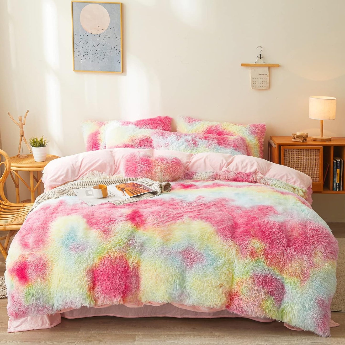 Fluffy Rainbow Comforters Twin Size - Ultra Soft Plush Bedding Set