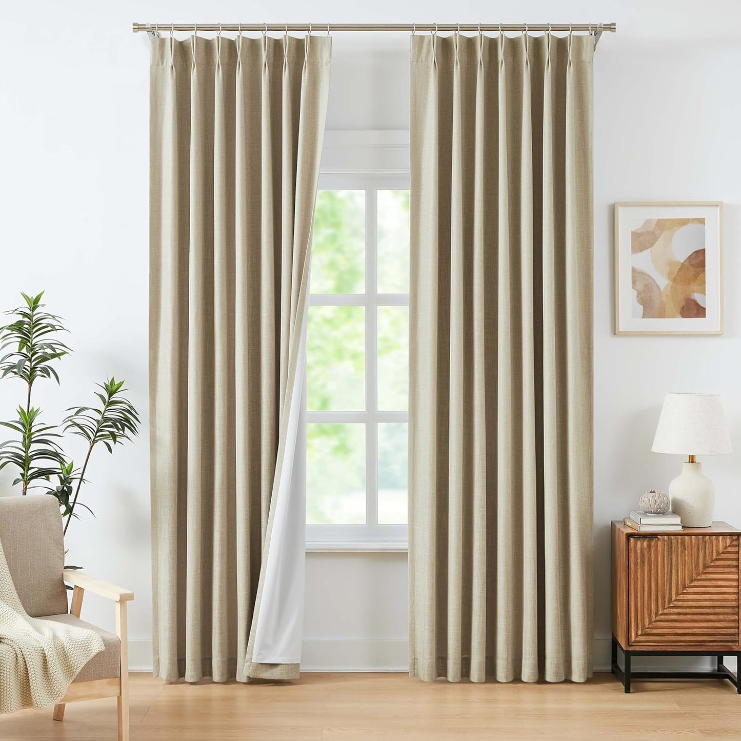 Bailey Oatmeal Tan Pinch Pleated Full Blackout Curtain Panels