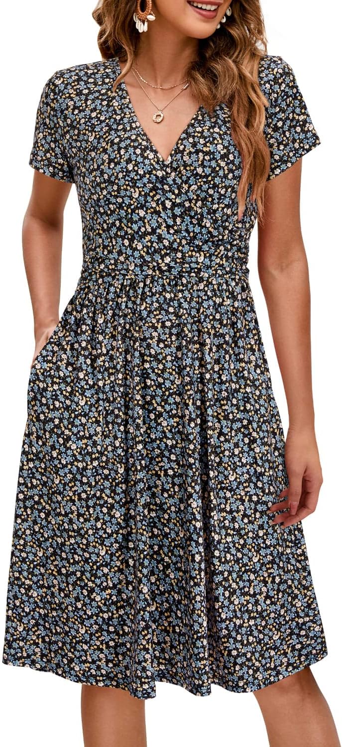 OUGES Women's V Neck Midi Dress with Pockets for Maternity