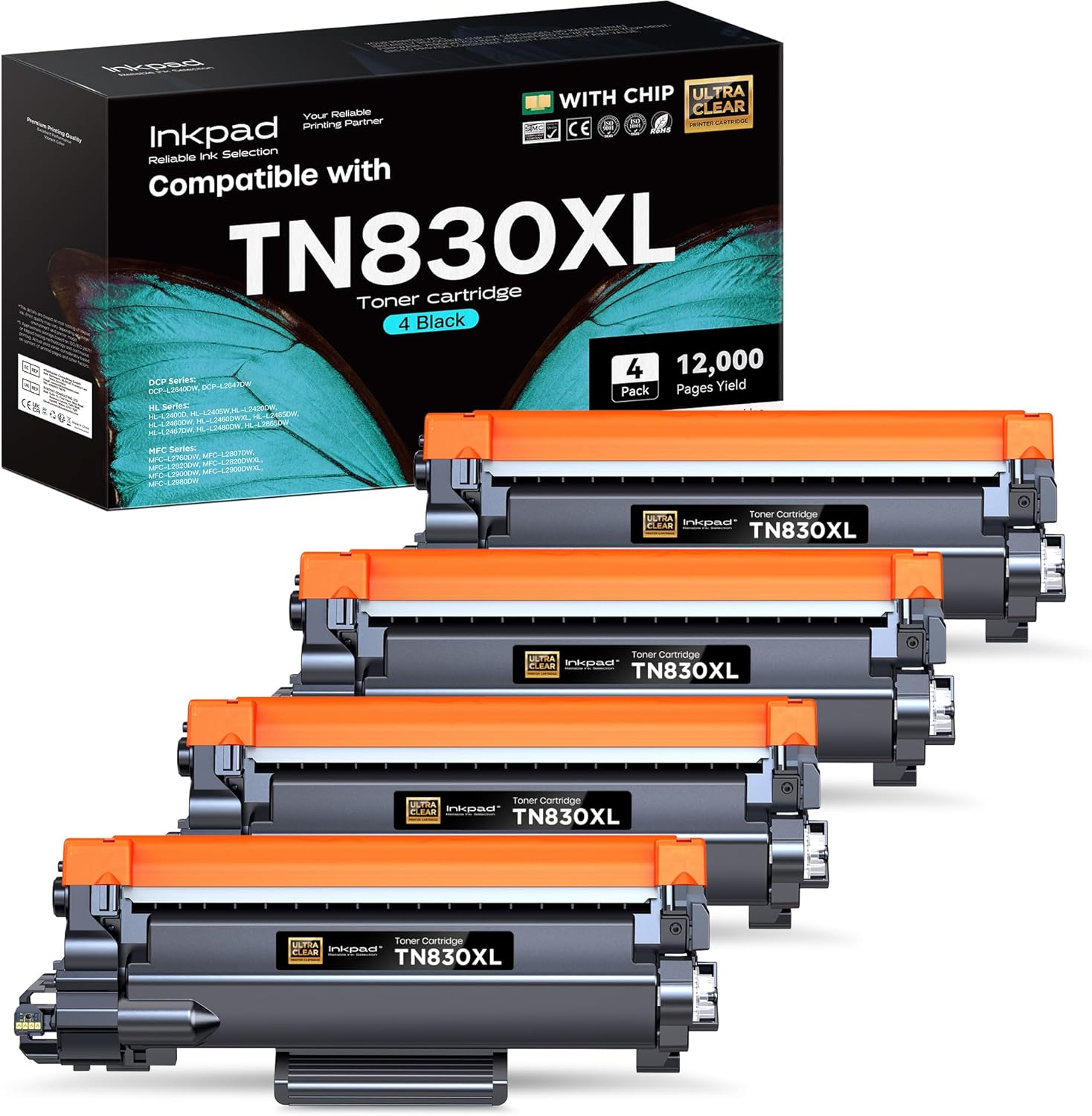 Compatible TN830XL Toner Cartridge 4 Pack for Brother Printers