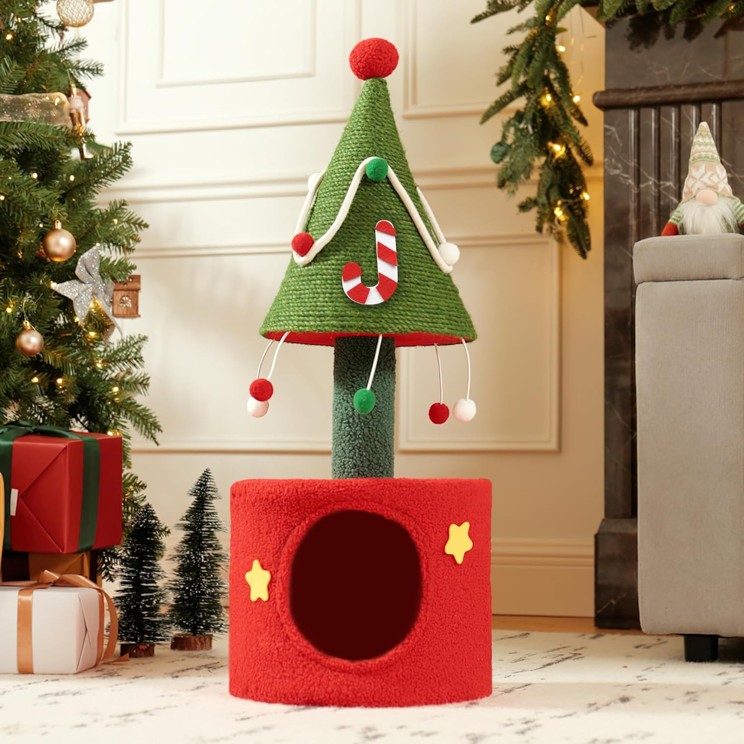 Christmas Cat Tree with Scratching Post and Hideaway Cave