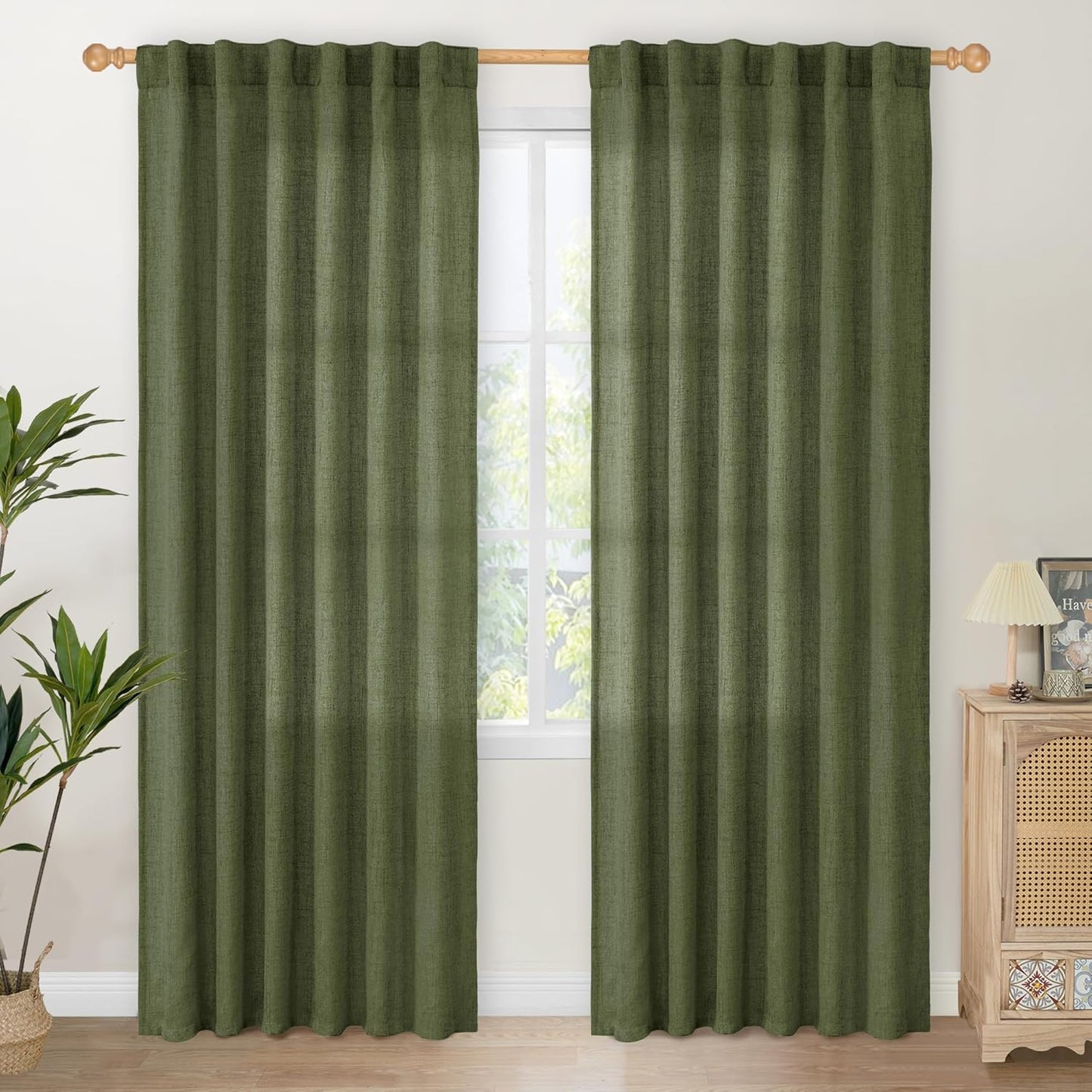Olive Green Linen Curtains for Living Room - 80 Inch Length