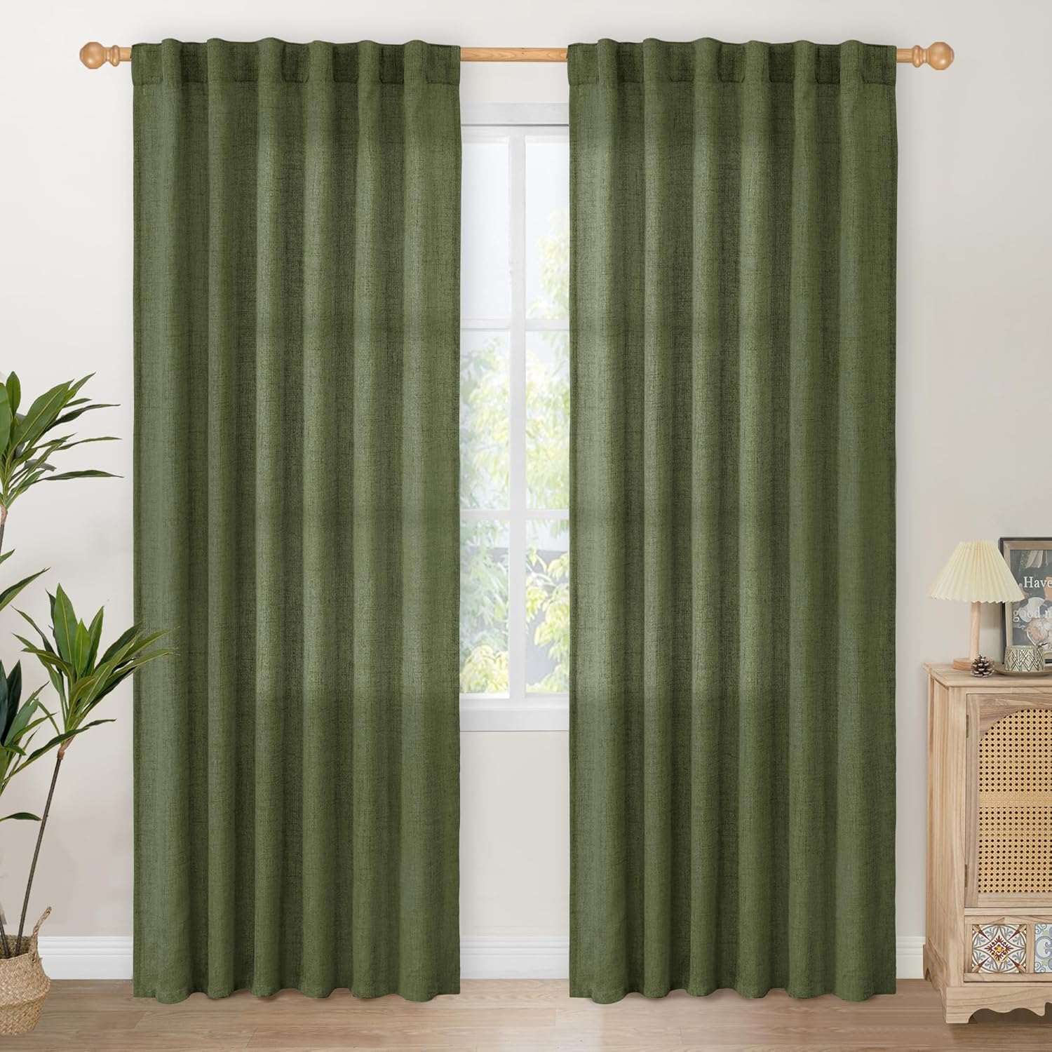 Olive Green Linen Curtains for Living Room - 80 Inch Length