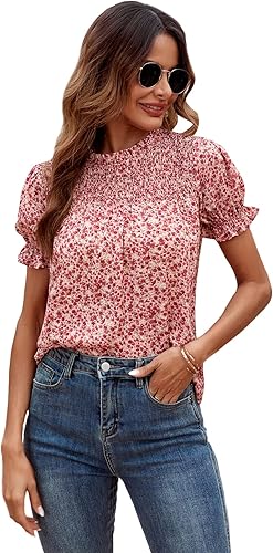 Milumia Women Mock Neck Puff Sleeve Floral Print Blouse Top