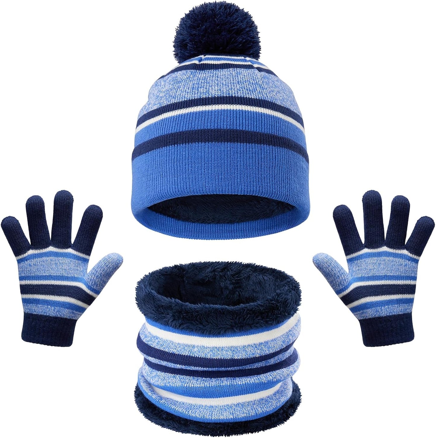 Kids Winter Knit Hat Gloves Scarf Set with Fleece Lining