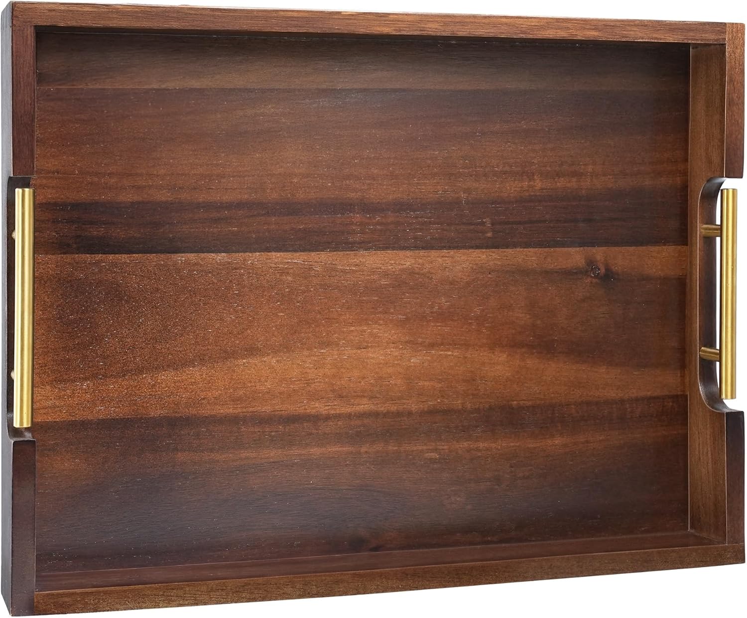 Acacia Wooden Serving Tray with Metal Handles for Living Room