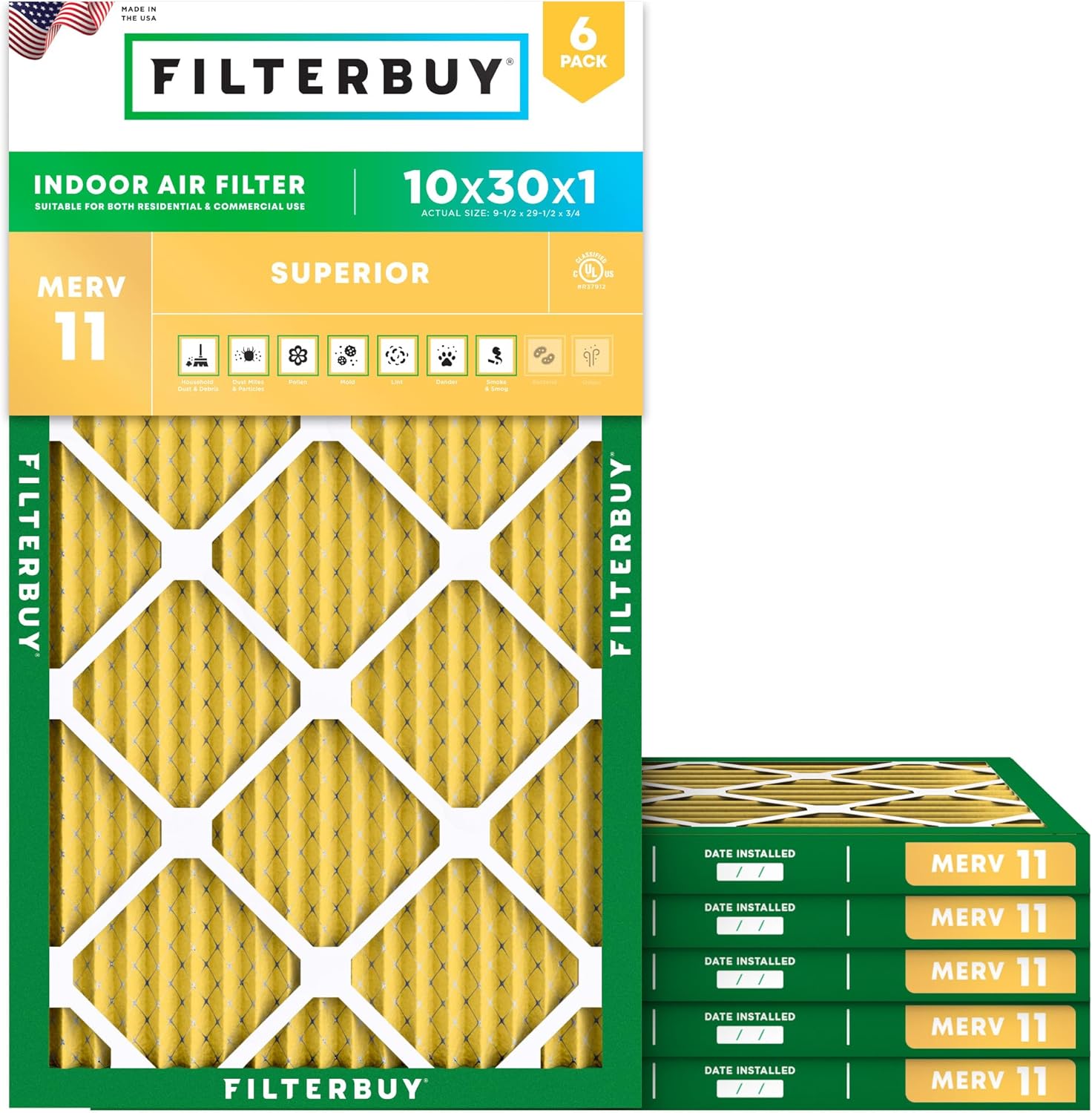Filterbuy 10x30x1 Air Filter MERV 11 for Pet & Allergy Defense