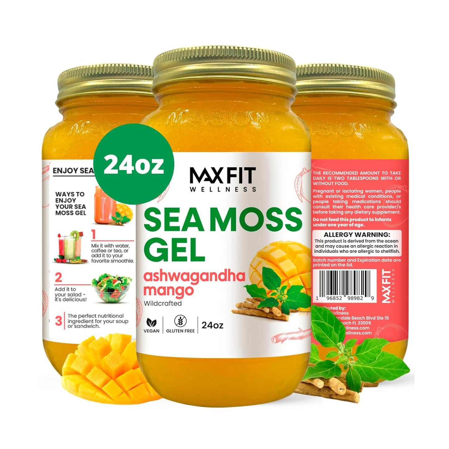 Sea Moss Gel Ashwagandha Mango 24oz with 92 Vitamins & Minerals