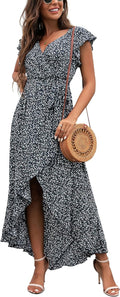 GRECERELLE Women's Boho Floral V-Neck Faux Wrap Maxi Dress - Flowy