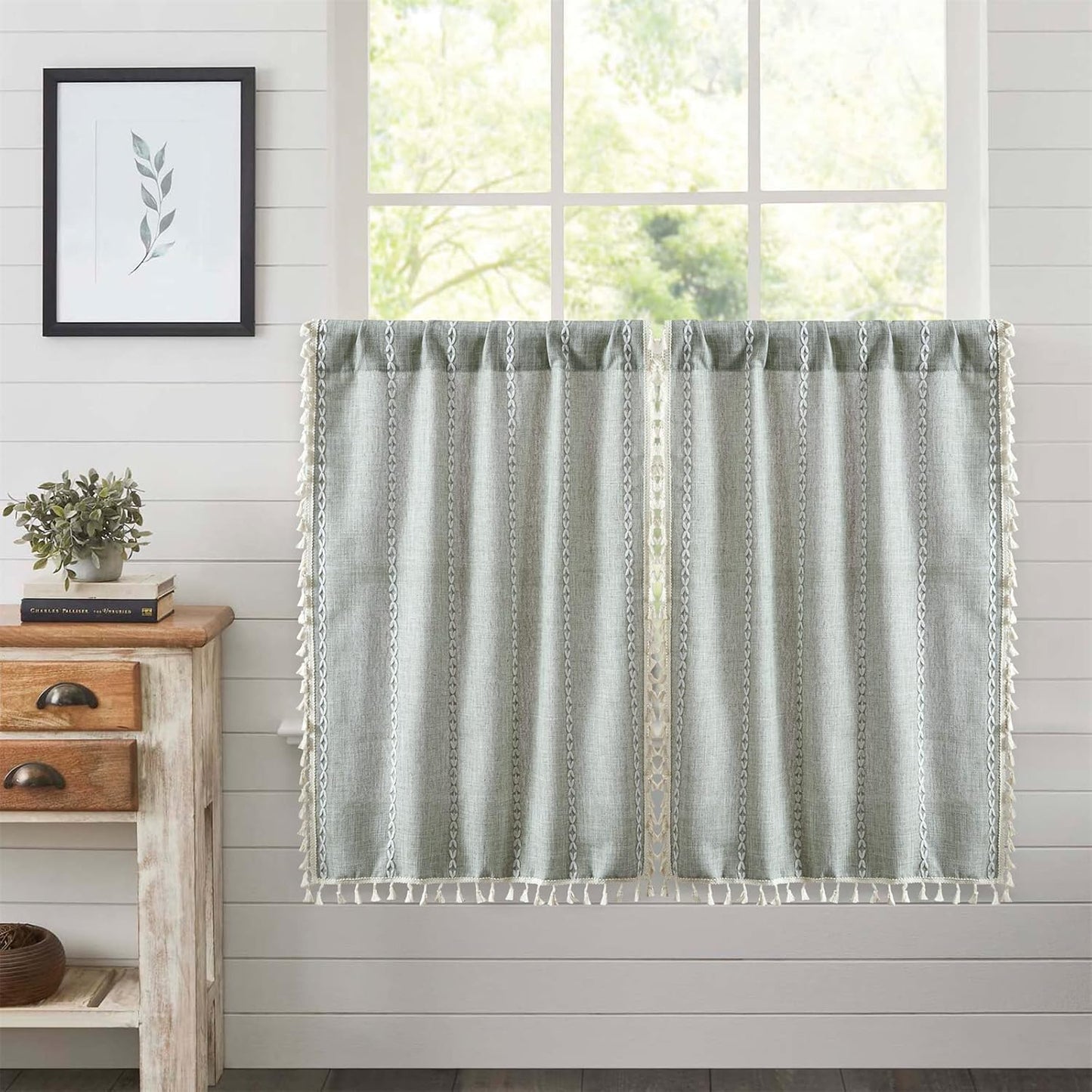 Boho Farmhouse Kitchen Curtains 54 Inch Length with Tassels