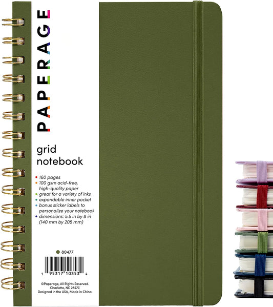 PAPERAGE Olive Green Graph Notebook | 160p 5.5x8 100 GSM | Grid Spiral Hardcover