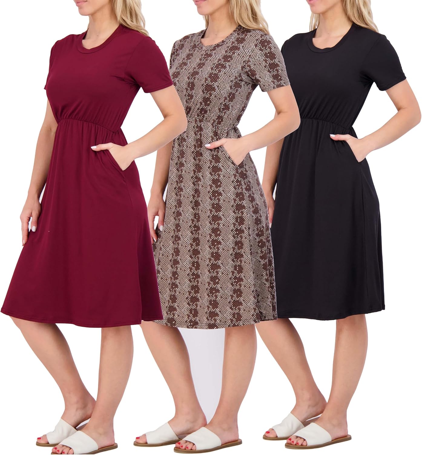 Real Essentials Women's Midi Short Sleeve Soft T-Shirt Dress