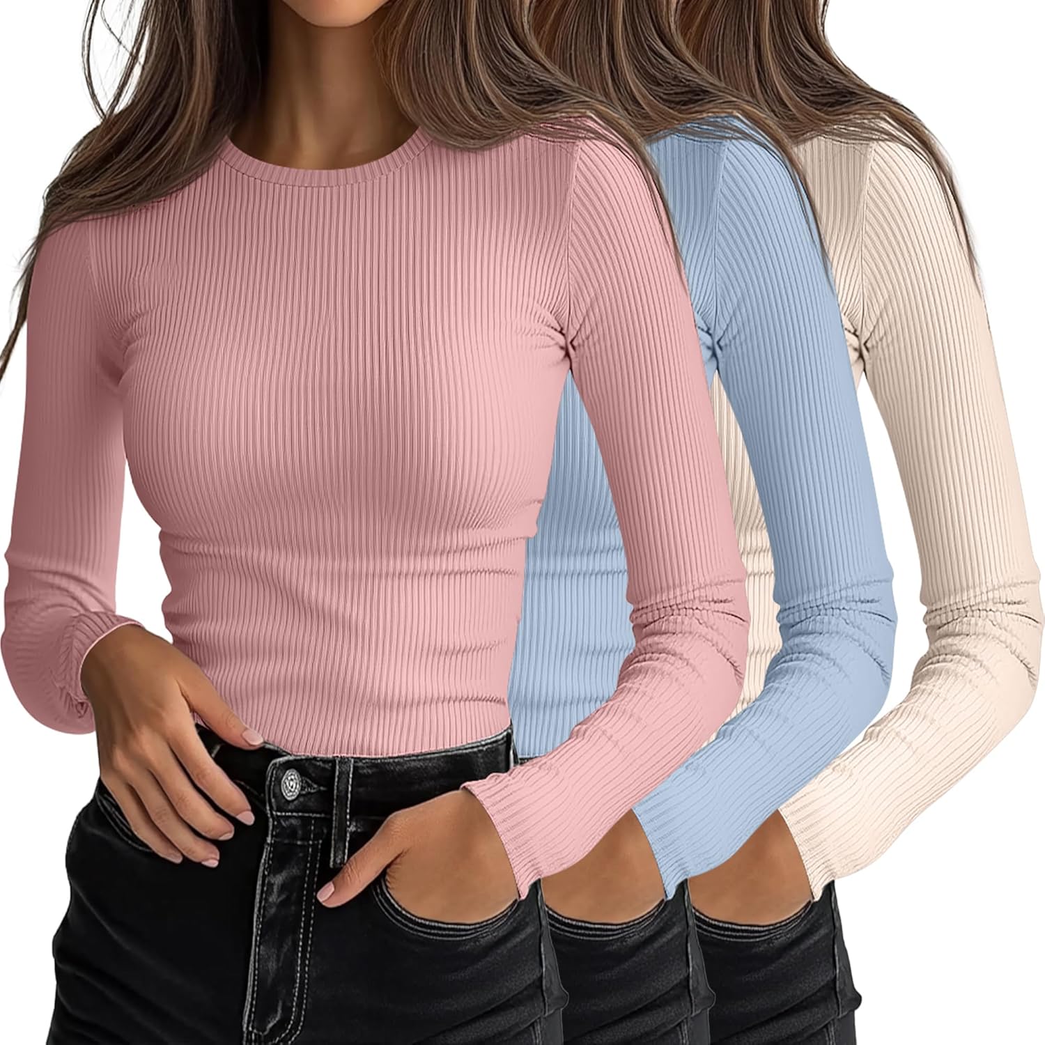 Ficerd Women's Ribbed Long Sleeve Tops for Casual Layering