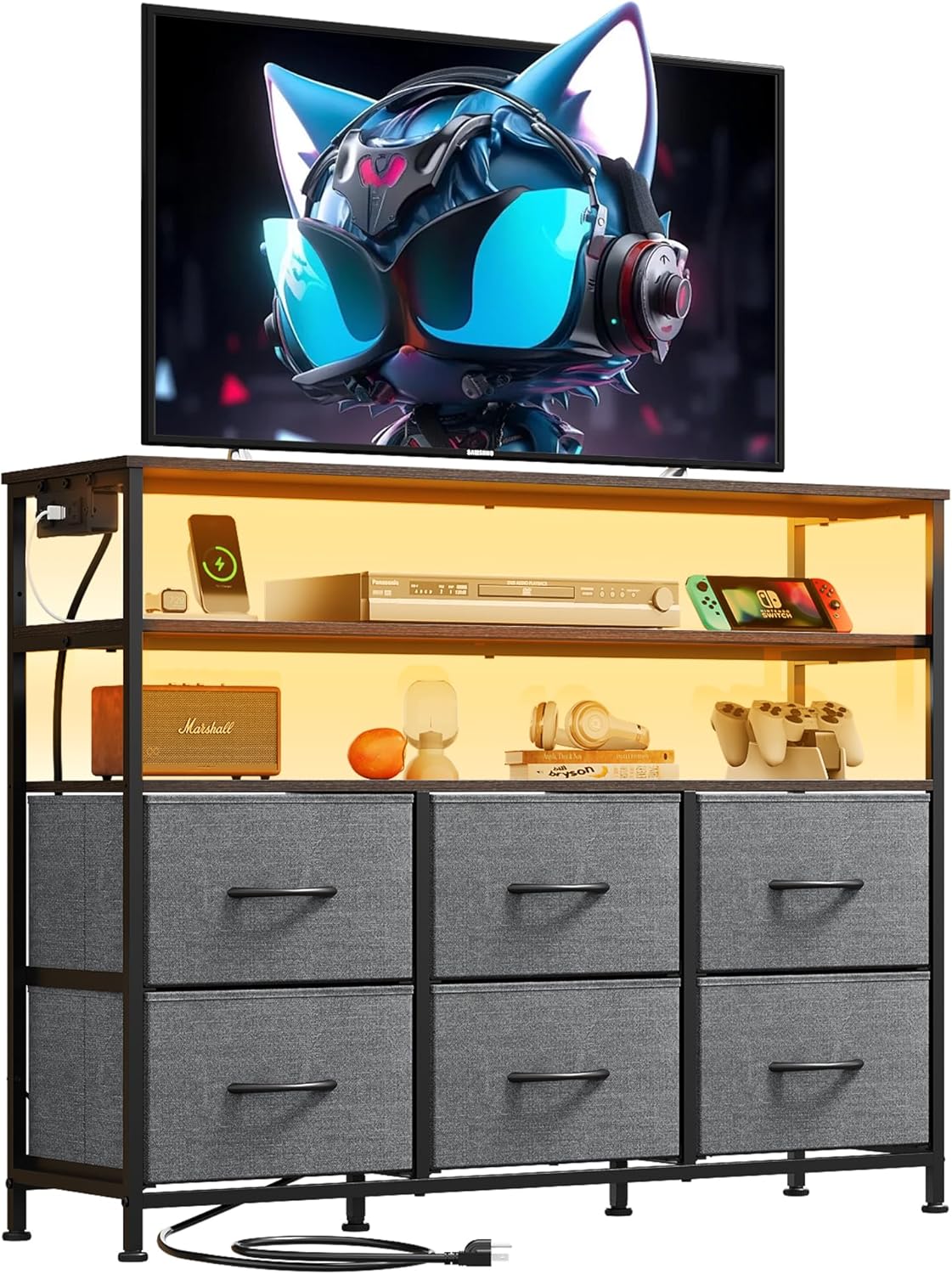 WLIVE Grey TV Stand with LED Lights & Charging Station for 45 in TV