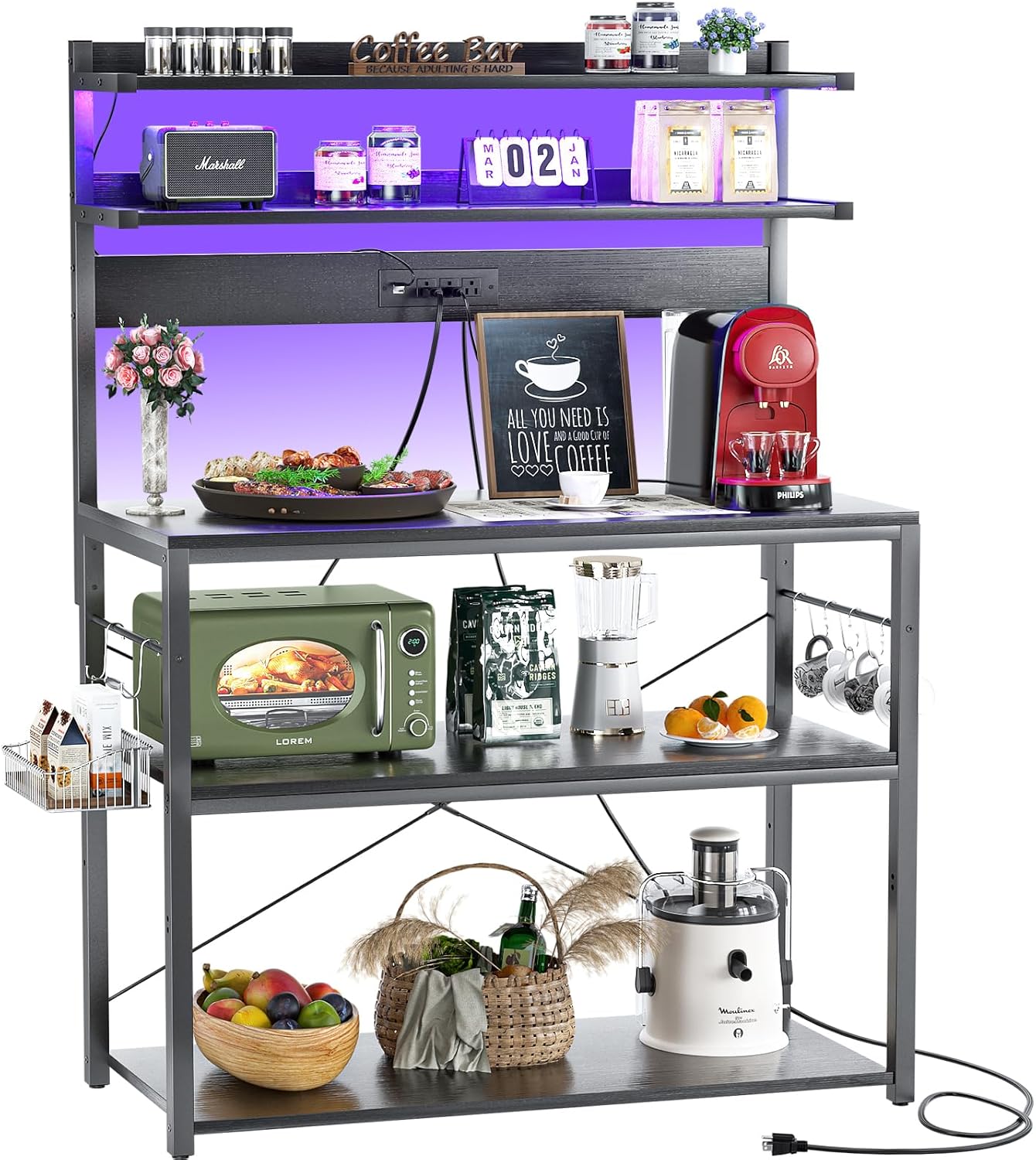 Bakers Rack with Power Outlet and LED Lights for Kitchen Storage