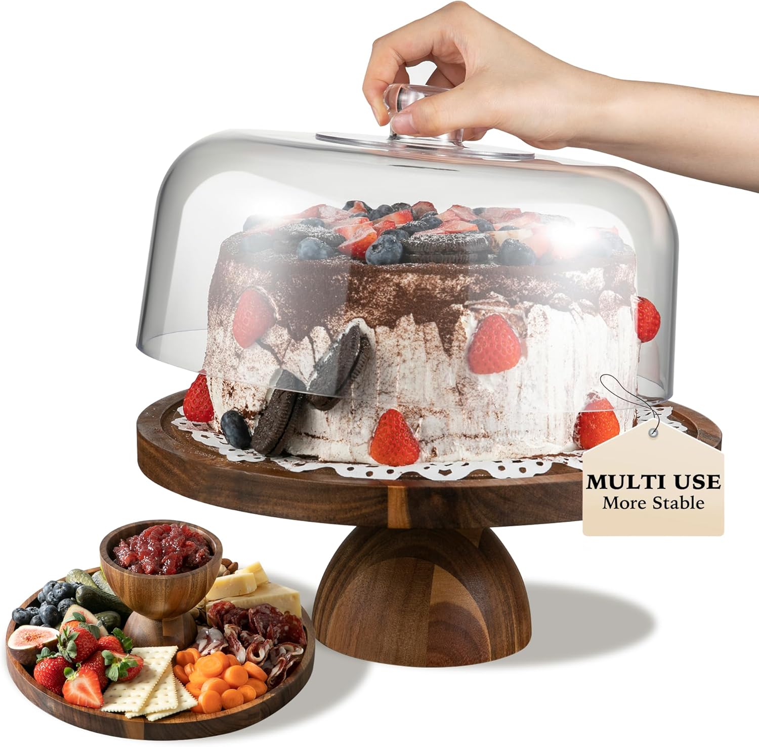 Acacia Wood Cake Stand with Lid for Desserts and Charcuterie