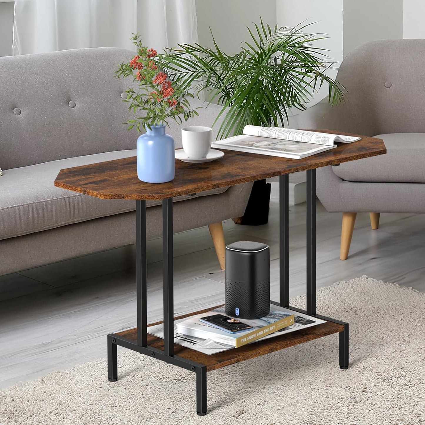Industrial 2 Tier Coffee Table, Open Storage Shelf, Metal Frame, Rustic Brown