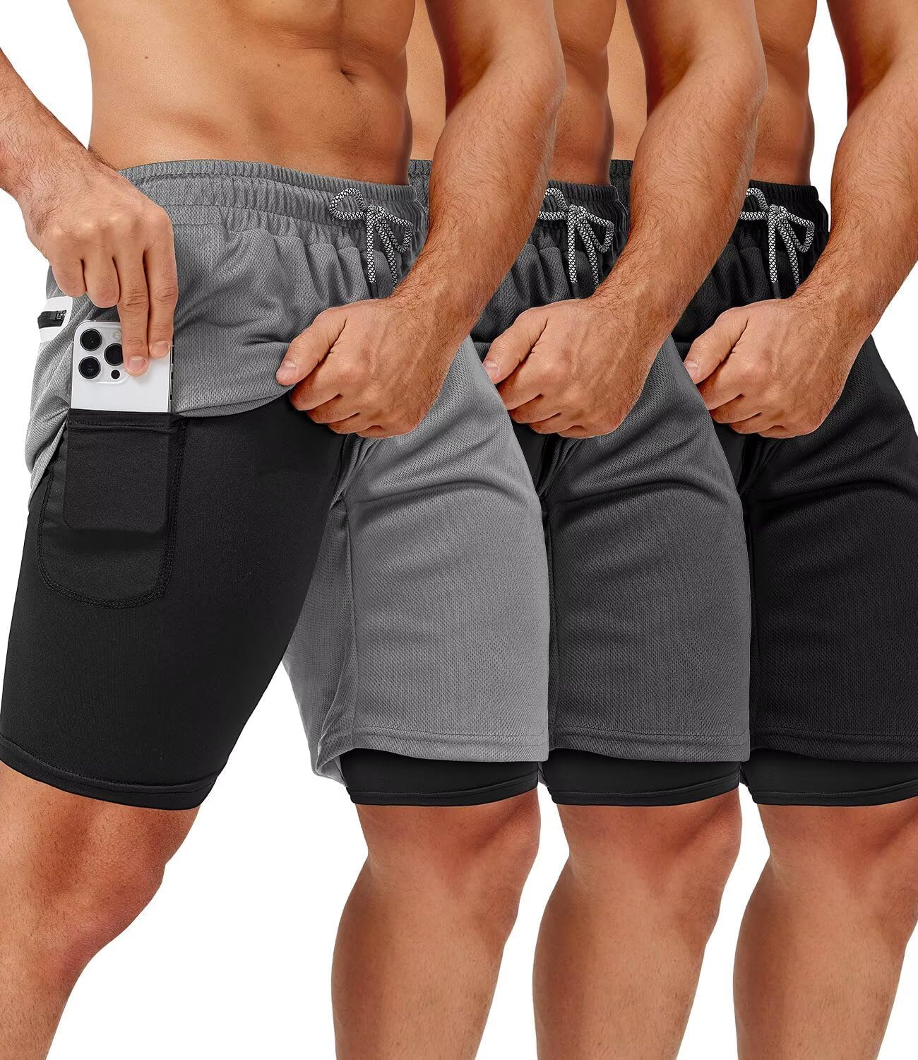 2 In 1 Gym Shorts for Men with Pockets and Towel Loop